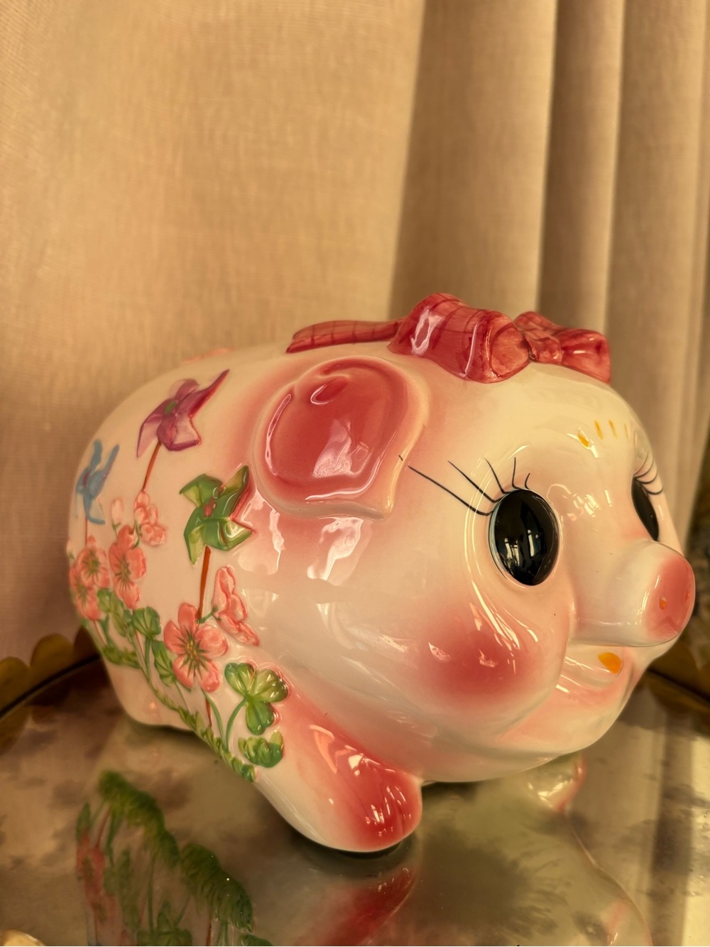 Vintage MCM Ceramic Pink Floral Piggy Bank with Bow